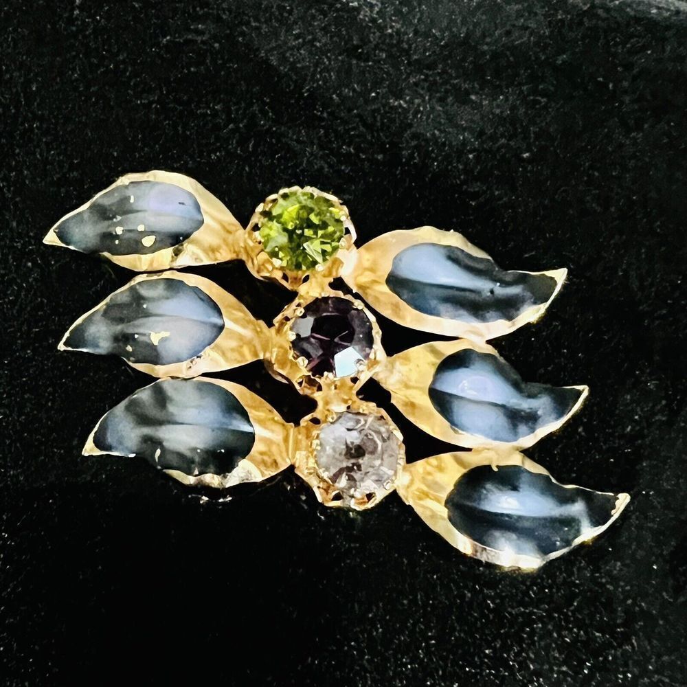 Vintage Enamel Gold Green Purple Smokey Rhinestone Made in Austria Brooch 1472
